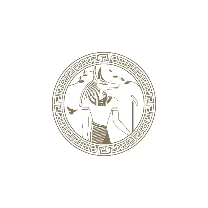 Image of the upper body of Anubis in a circle -- drawn in the style of classic Greek artwork.