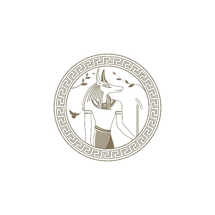 Image of the upper body of Anubis in a circle -- drawn in the style of classic Greek artwork.