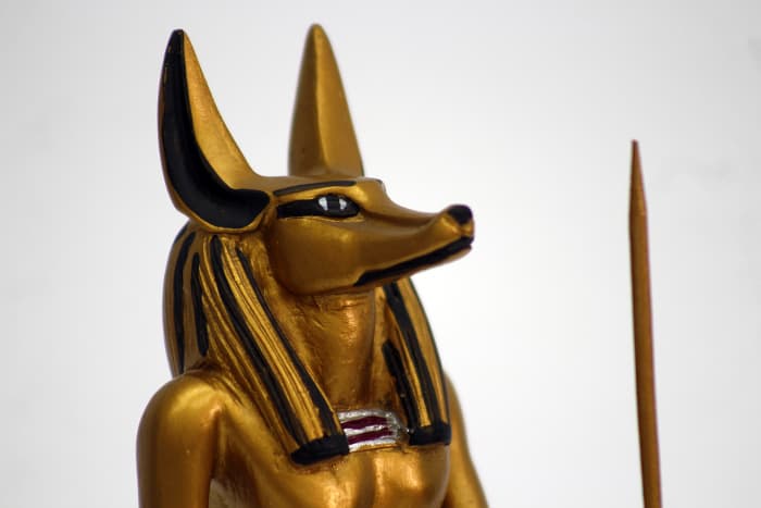 Closeup of a status of Anubis.