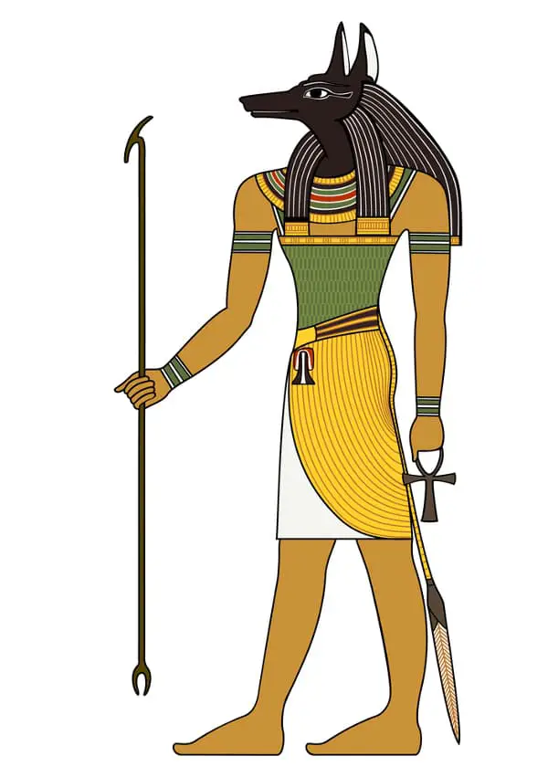 A full-length color image of Anubis in the style of ancient Egyptian artwork.