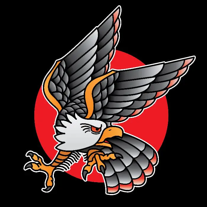 A colorful graphic design of an eagle with a red circle background, drawn in a cartoon-like style.