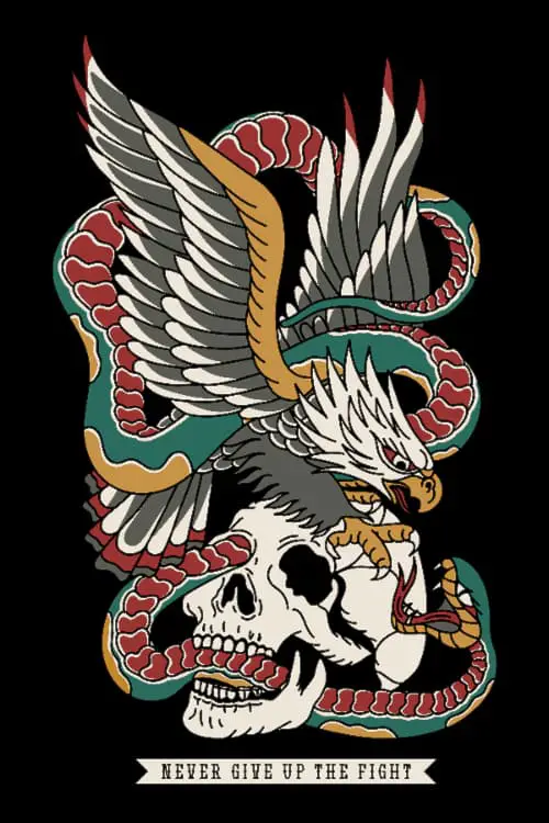 A colorful graphic design depicting an eagle fighting with a snake against a skull in the background.