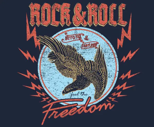 A graphic design of an eagle with a blue circle background and the logo "Rock & Roll strong & fearless feel the Freedom."