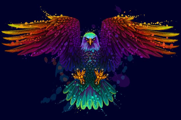 A brightly colored graphic design of an eagle drawn in a realistic style.