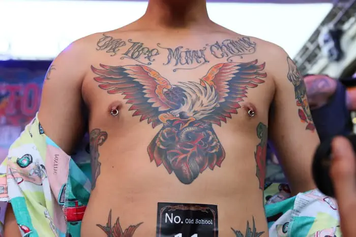 A chest tattoo of an eagle entered in a tattoo content in Thailand.