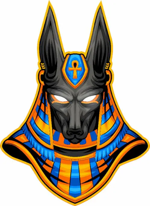 A color bust image of Anubis in a modern, full-color art style.
