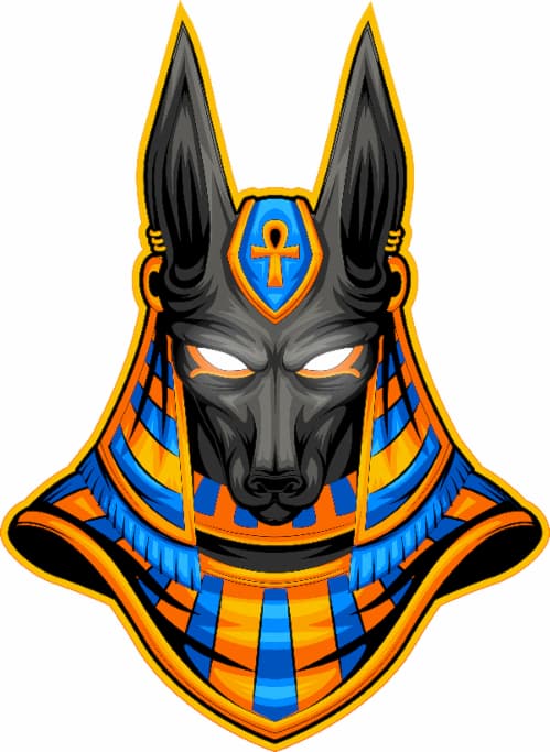 A color bust image of Anubis in a modern, full-color art style.