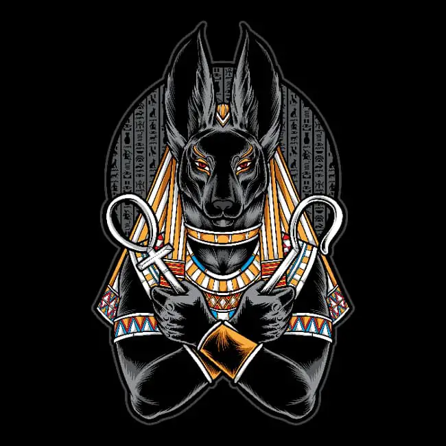 Full color image of the upper body of Anubis with arms crossed over his body, holding a flail and ankh.