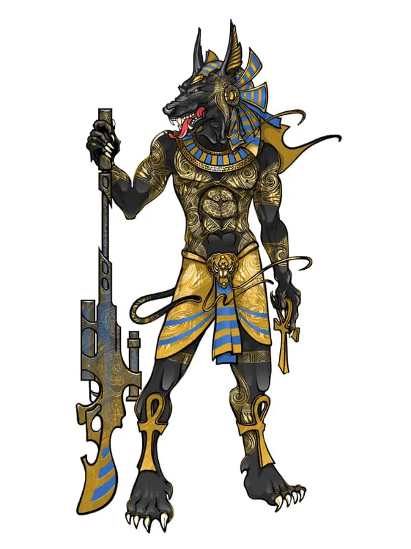 A full-length color image of Anubis with modern weaponry.