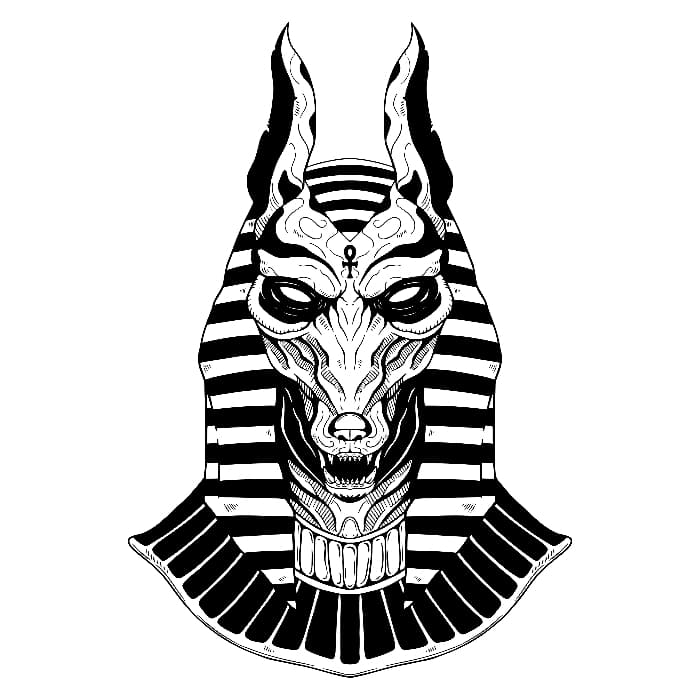 A detailed black and white bust image of a snarling Anubis in a modern art style.