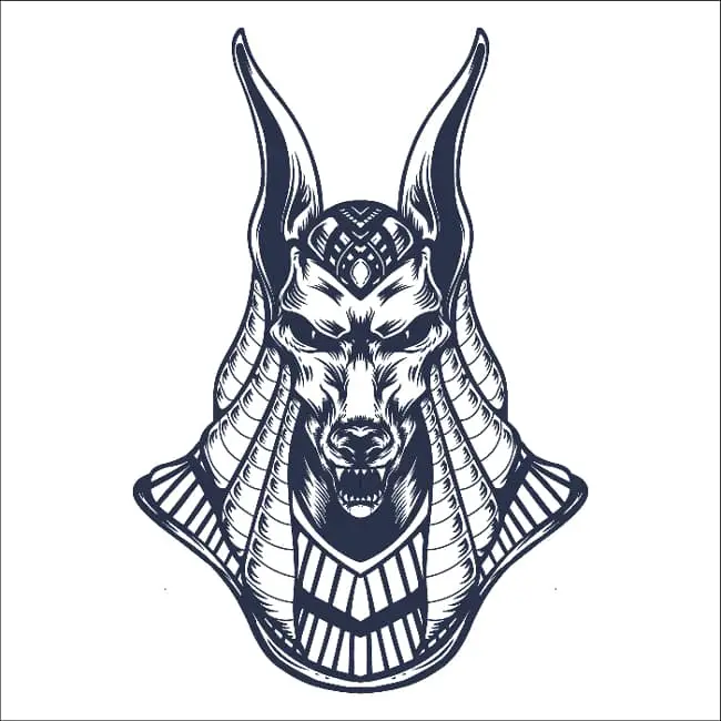 A modern black and white illustration of the bust of Anubis with a snarling expression.