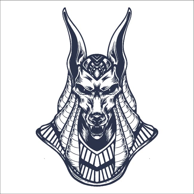 A modern black and white illustration of the bust of Anubis with a snarling expression.