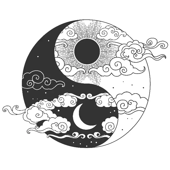 An ornate version of the yin-yang symbol with images of the sun, moon, stars, and clouds in it.