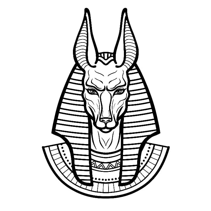 A black and white bust image of Anubis in a simple modern style.