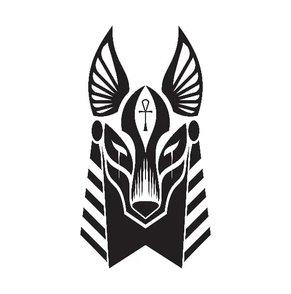 A simple black and white bust of Anubis in a tribal art style.