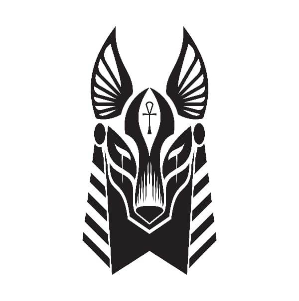 A simple black and white bust of Anubis in a tribal art style.