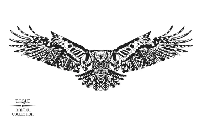 A black and white graphic of an eagle drawn in a Native American artwork style.