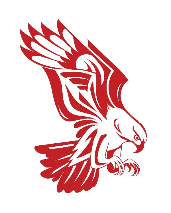 A red and white graphic design of an eagle in a tribal art style.