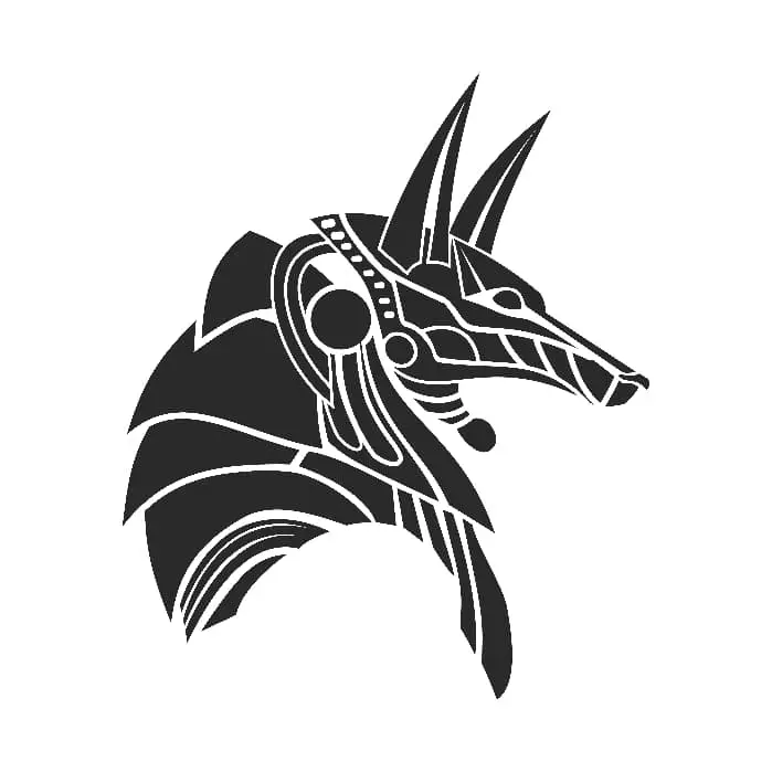 A black and white side view bust image of Anubis in an ornate tribal art style.