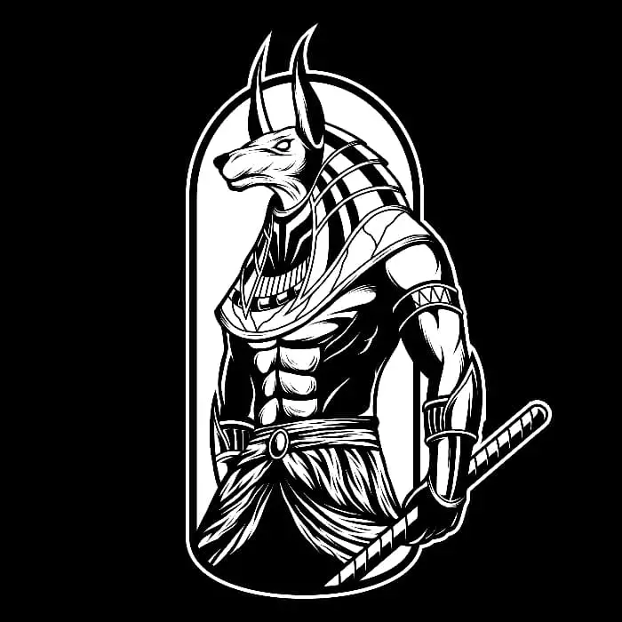 A modern black and white image of the upper body of Anubis in a pose that suggests the role of a warrior or protector.