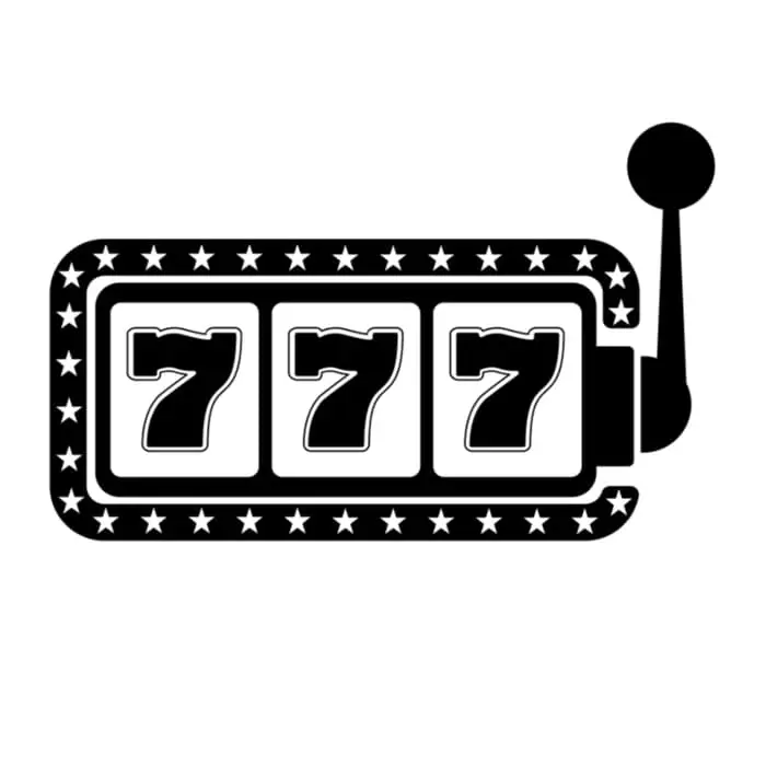 A black and white image of the number 777 displayed as the three numbers on a slot machine symbol.