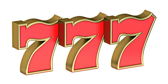 The number 777 drawn in a 3D effect in red numbers edged in gold.