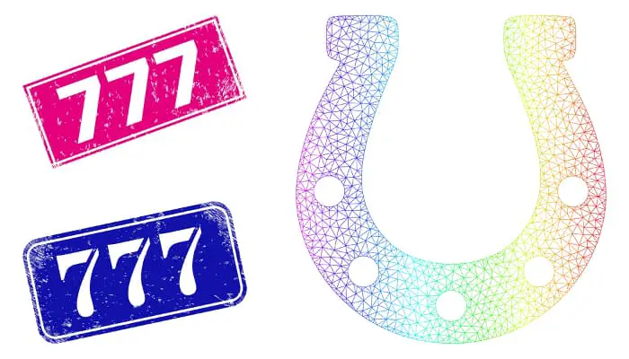 The number 777 shown on a pink plaque and a blue plaque next to a horseshoe symbol created in a rainbow color gradient -- would definitely be a lucky 777 tattoo meaning.