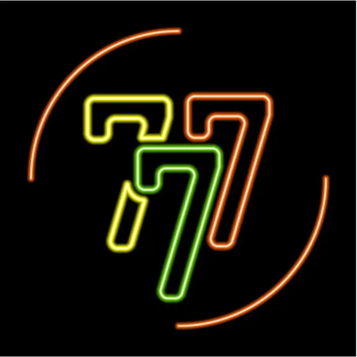 An image of the number 777 in neon with a partially drawn circle around it.  The middle 7 is dropped slightly lower than the other two.