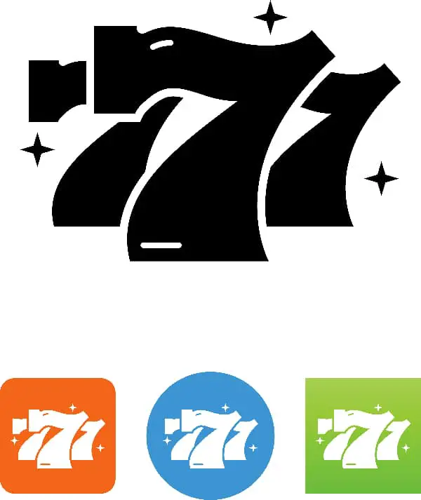 The number 777 where the middle 7 is overlaid over the other two 7s.  There are star twinkles suggested around the numbers.  The same image is shown with the numbers and star twinkles in white on orange, blue, and green backgrounds.