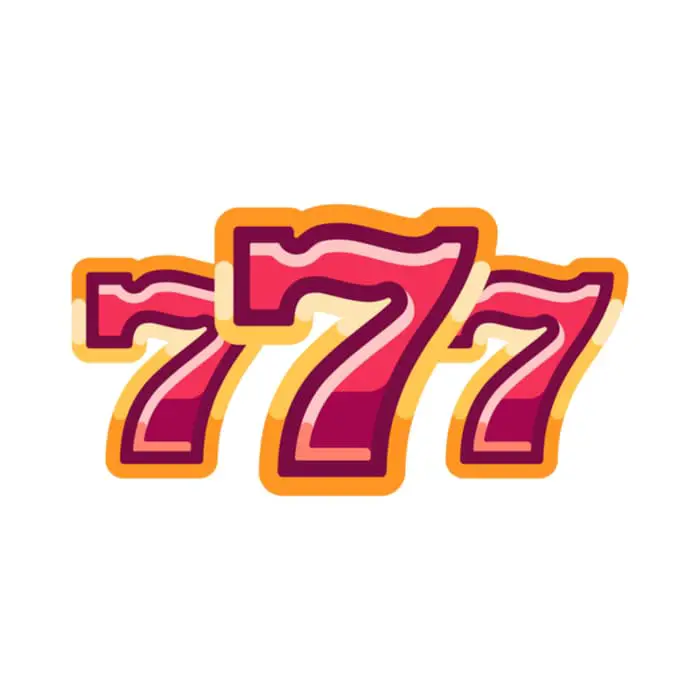 The number 777 in pink, purple, and yellow colors.  The middle 7 is larger and overlays the other two 7s.