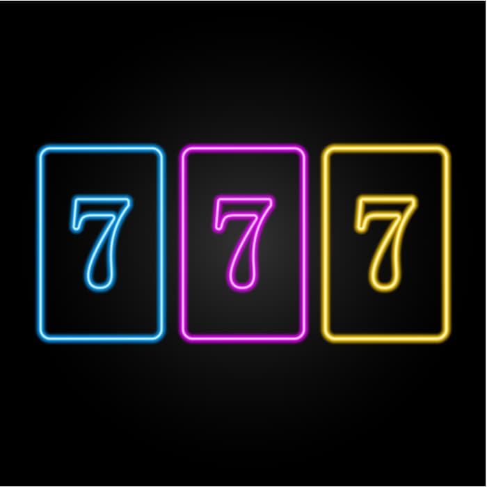 The number 777 in neon blue, purple, and yellow with each number surrounded by a rectangle border in the matching color.