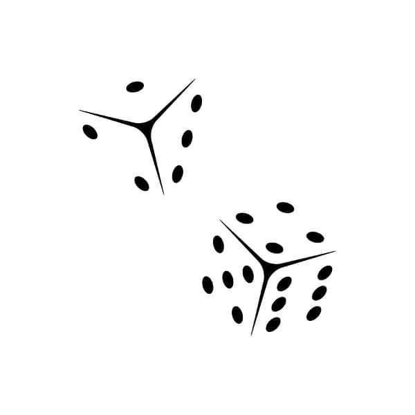 An abstract design of classic 6-sided dot dice where the corners facing forward are drawn, but the remainder of the dice shape is not drawn.