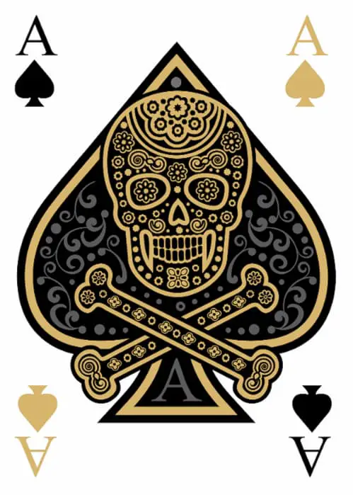 A black, white, tan, and blue color image of an ace of spades playing card with an ornate skull and crossbones over the middle of the spade.