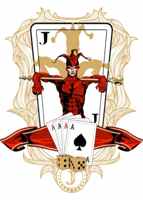 An image of a joker and the four ace cards, with the ace of spades as the topmost card.