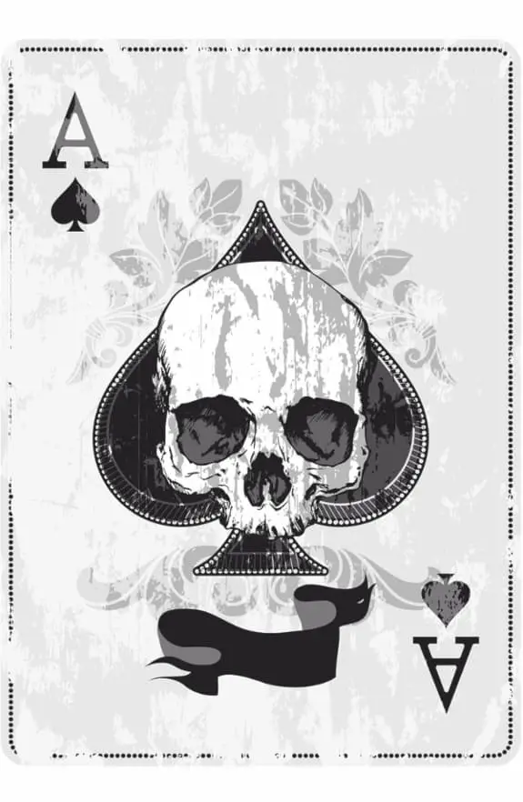 A black, white, and gray image of an ace of spades playing card with a skull overlaying the spade -- drawn in realism style.