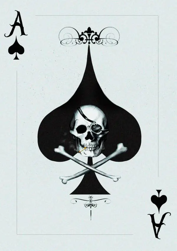 A black and white image of an ace of spades playing card with a pirate skull and crossbones in the middle of the spade.