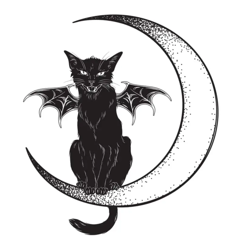 A black and white image of a cat perched on  a crescent moon and wearing bat wings.