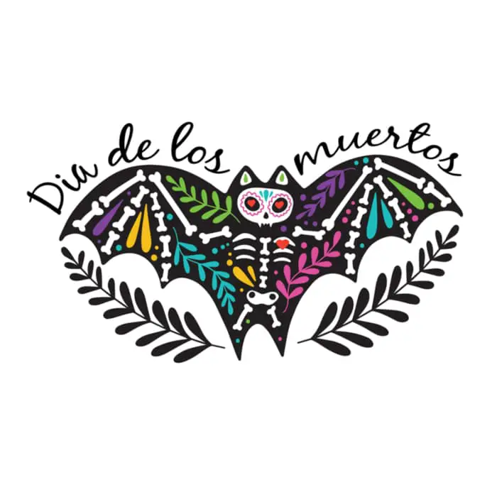 A "ghost bat" flying skeleton image created in the colorful style of Dia de los Muertos art.