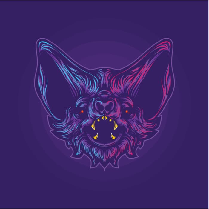 A color image that uses bright colors to create the image of a bat in a Gothic or horror style.