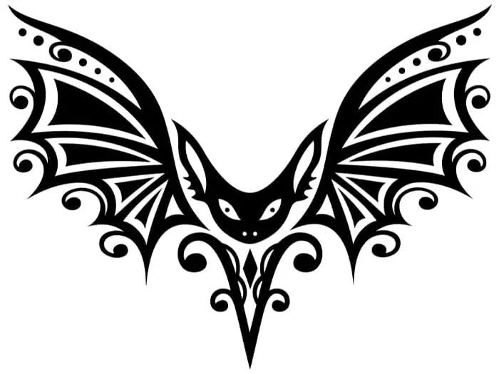 A decorative design of a bat that gives the bat a cute, almost pretty face.