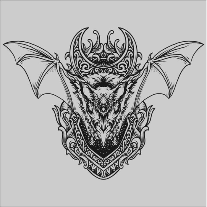 A very detailed black ink image of a bat done in a realistic style with decorative designs behind the bat itself.