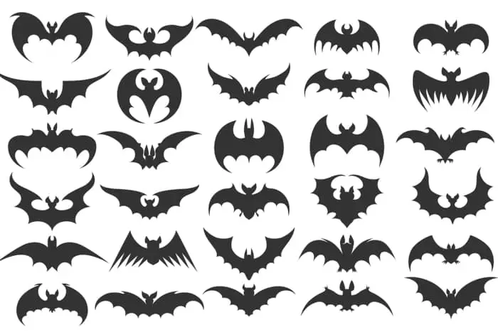 25 different black bat silhouette images in various poses and artistic styles.