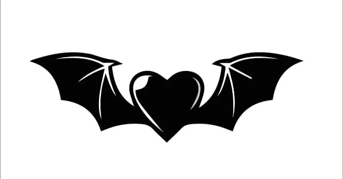 A black and white image of a heart with bat wings.