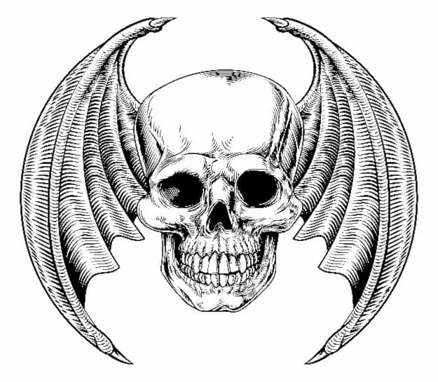 A black and white image of a skull with bat wings.