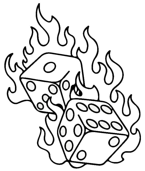 Simple, cartoon-style black ink sketch of dice surrounded by flames.
