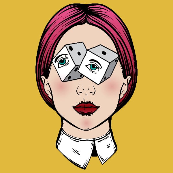 A comic book-style color image of a woman's head with a pair of die with eyes on one side of them serving as her eyes.