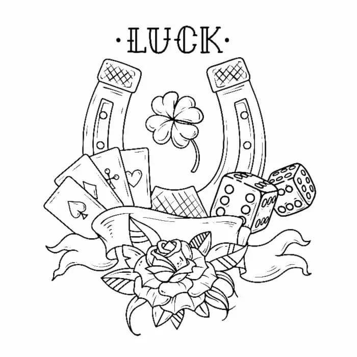 Black ink drawing of different symbols of luck -- a horseshoe, a four-leaf clover, playing cards with the suit symbols, a pair of die, and the word "LUCK" above them.