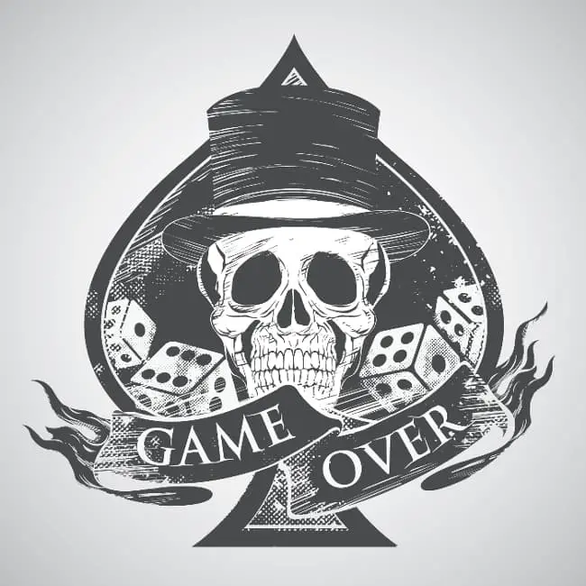 A black ink drawing of a skull wearing a tophat, with pairs of dice on either side of the skull, against a large spade backdrop, and a banner reading "GAME OVER" below.