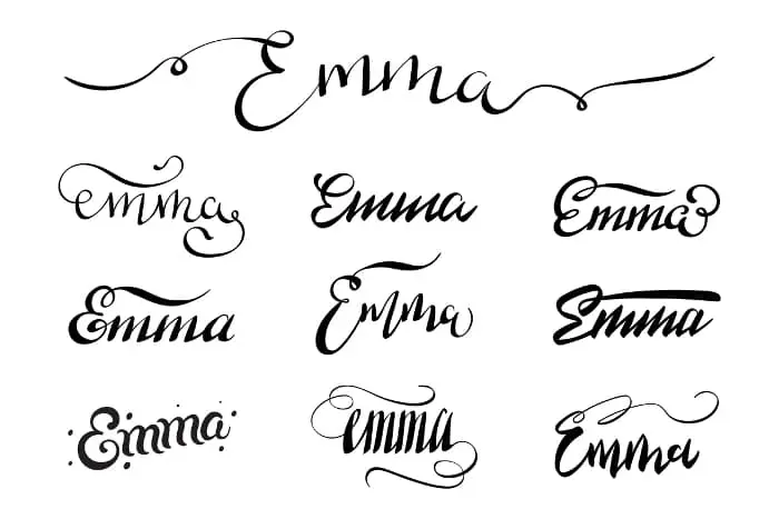 Image of the name "Emma" created in 10 different font styles.  A font can change the mood of a Desautels tattoo meaning or any other surname tattoo meaning.