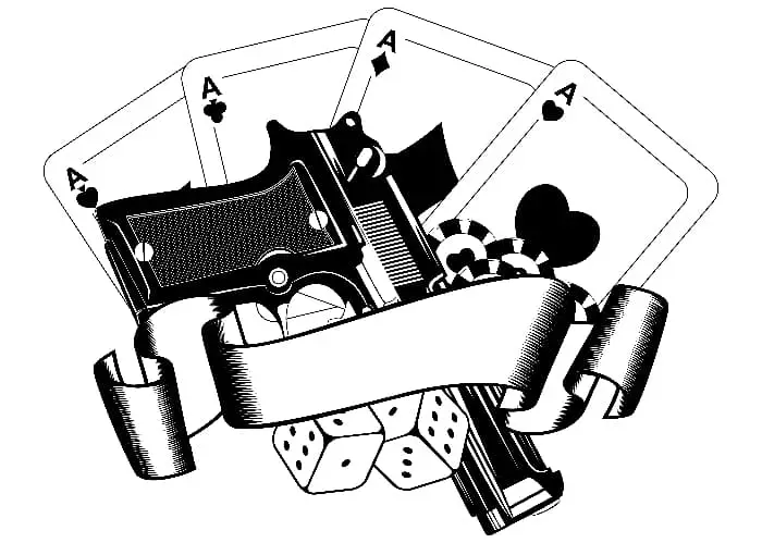 A black ink drawing of the four ace cards, poker chips, a pair of dice, and a handgun all held together by a banner.